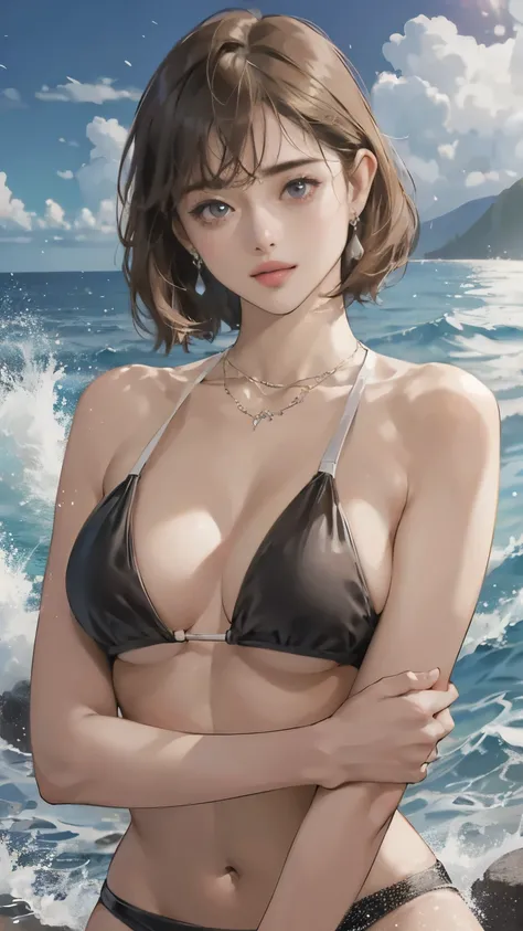 (Realistic:1.5, 16K, Highest quality, masterpiece, Ultra-high resolution), Perfect dynamic composition:1.2, ((Hawaii Beaches)), (Expressions of sadness:0.9), (Squat with your knees bent:0.9), Highly detailed skin and facial textures, Incredibly slim body, ...