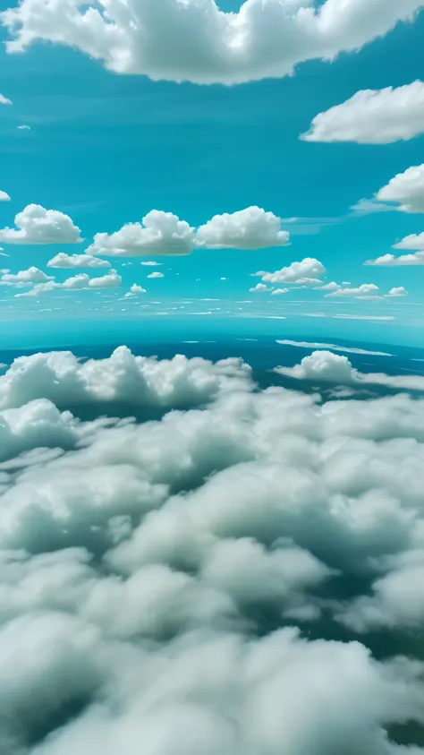 turquoise sky、lots of clouds、angle from above、grassland seen through the clouds