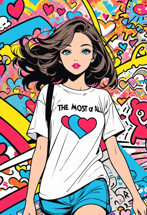 Keith Haring colorful style, Simple Line Initialism，Abstract art，(((The most beautiful girl of all time))), Sweet face. Lips in love, colorful hearts, stylish design, 夏のオシャレなTシャツ, 黒い瞳, walking, Paris