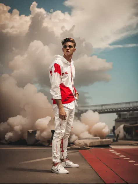 Electric handsome boy with loose clothes red and white. And background is bullding 