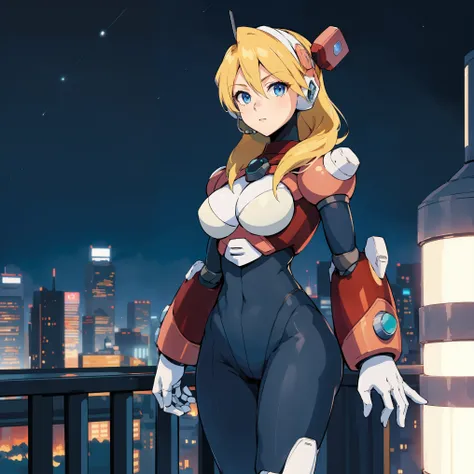 alia_megamanx, 1girl, solo, breasts, blue eyes, blonde hair, android, long hair, robot ears, high quality, masterpiece, standing on a moonlit background with city in sky background