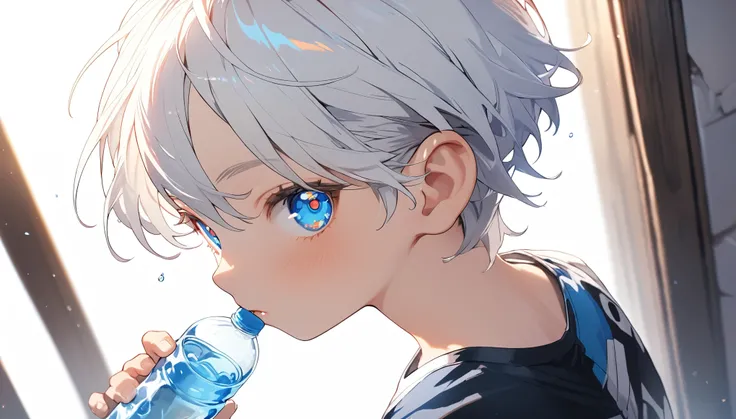 A young boy with big, clear eyes looking around while holding a water bottle and drinking water, 1boy, ((little boy)), chibi, very short hair, white hair, cobalt blue eyes, shiny eyes, drink, short shirt, shorts, Window hallway, upper body, character focus...