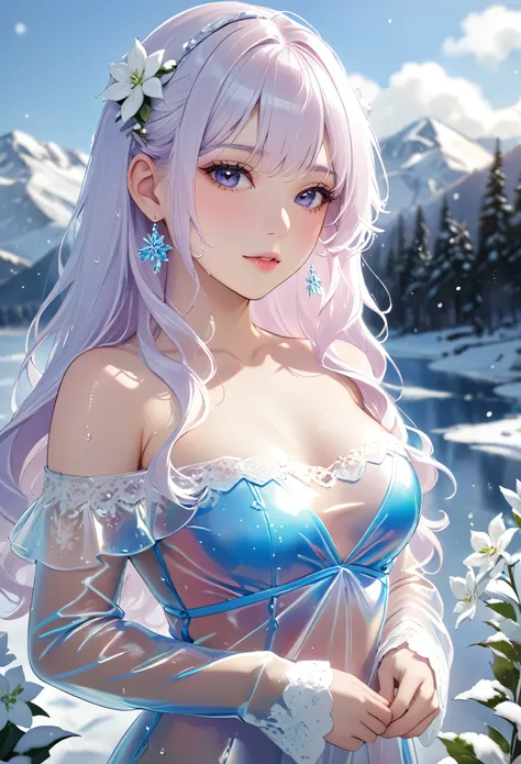 1girl,(Snow,Ice),snowflower,In winter,White hair,Shiny hair,Wavy hair,Transparent clothes,frilld,Lace,Wet clothes,Off_Shoulder,hair scrunchie,Masterpiece,Telephoto lens,absurderes,Exquisite facial features,