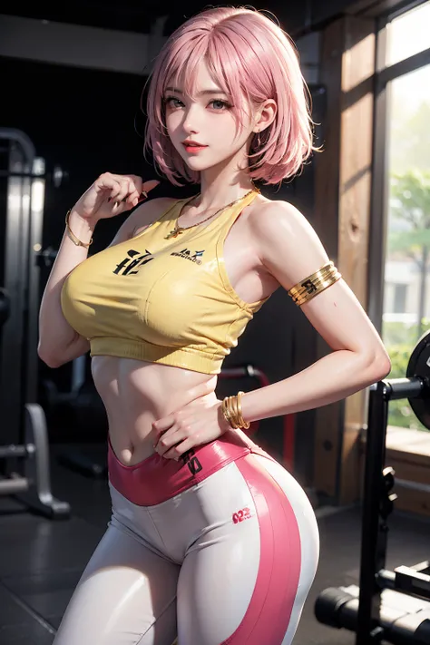 Women, early 20s, short silky pink hair with yellow tips, gold armlet, gold bracelet, golden eyes, seductive look, golden hair pinns, golden key necklace, standing up, shiny skin, arched back, seductive smile. Big breast. Tight pants, sports top, training,...