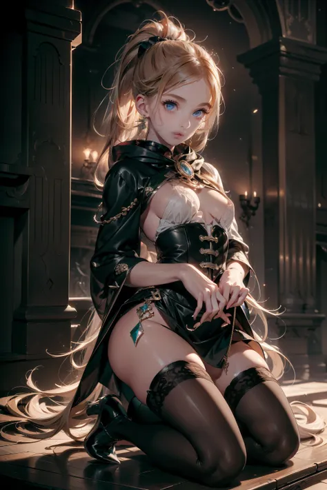 ((best quality)), ((masterpiece)), (detailed), perfect face, ((ponytail, thick ponytail, heavy ponytail)), (a witch belonging to an occultic order of knights), Bloodborne inspired, tatty Bloodborne attire, occult aesthetic, occult, ((minimal but intricate ...