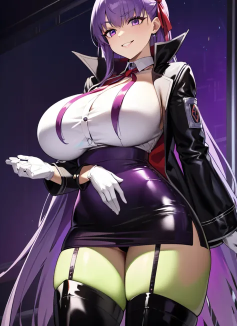 isoscale, mid shot,  night, ,,, purple hair, black jacket, white shirt, black skirt, red ribbon, big breasts, purple eyes, white...