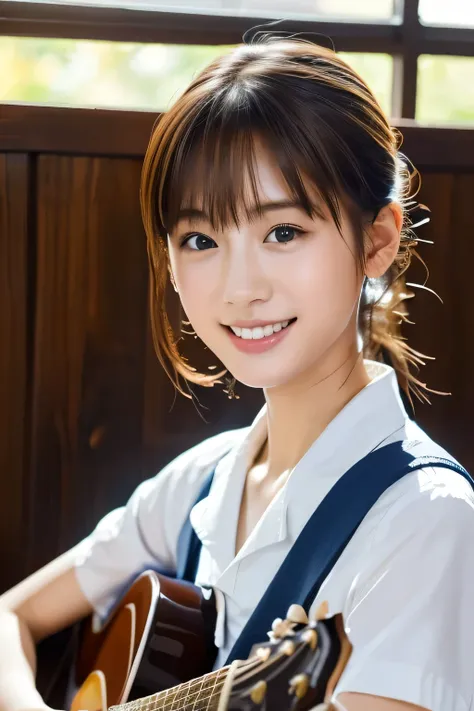 (Beautiful girl playing guitar:1.3), (Highest quality:1.4), (Very detailed), (Very detailed美しい顔), Laughing with your mouth open, (Baby Face:1.3), School uniforms, Short-sleeved sailor suit, Take a seat, Great face and eyes, iris, Medium Hair, The Beauty of...