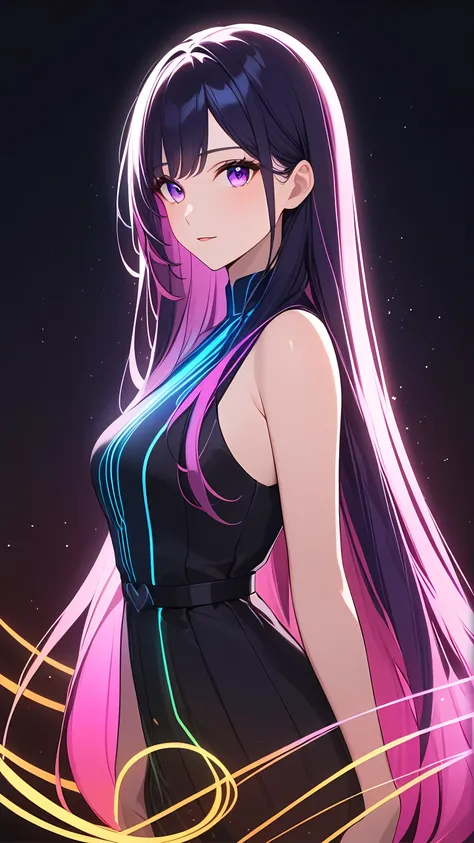 character concept design,1girl,half body,ojou-sama posture,incredibly long hair,light painting,time-lapse photography,Diffuse gradient,vertical random light line,colorful heart，A picture made of glowing lines