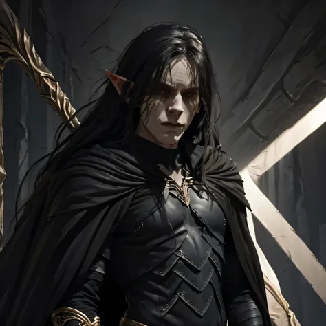 full body image of a menacing pale elf with a large scar on his face, with long black hair and wearing black leather armor, black clothing, black robe