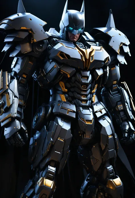 a highly detailed, extremely realistic, photorealistic Batman mecha gundam suit, intricate mechanical details, hyper realistic metal textures, dramatic lighting, cinematic composition, dark and moody color palette, dramatic shadows, 8k, high resolution, be...