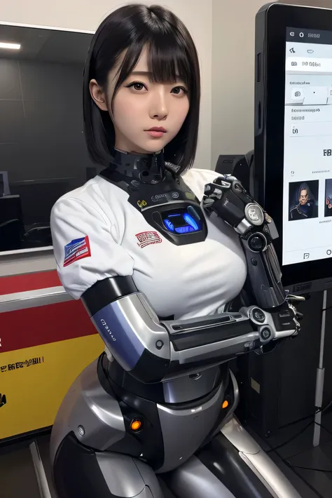 masterpiece, best quality, extremely detailed, Japaese android girl,portrait,Plump,a bit chubby,control panels,android,Droid,Mechanical Hand, Robot arms and legs, Black hair,Blunt bangs,perfect robot girl,long tube,thick cable connected her neck,android,ro...