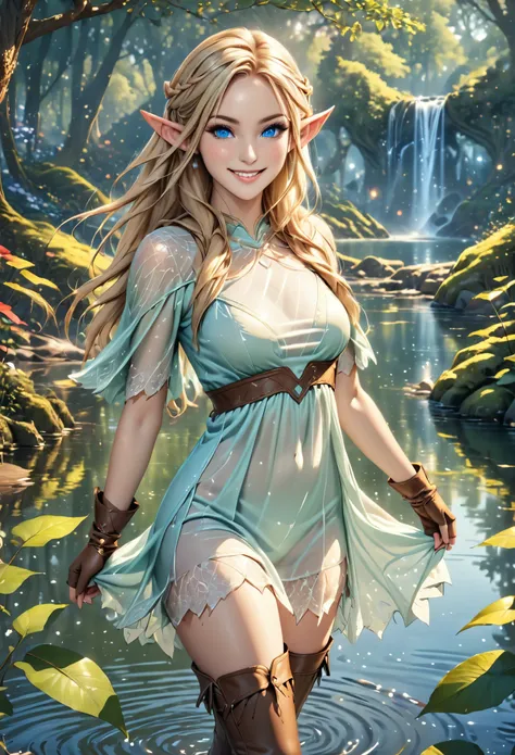 (elf girl:1.5), (slightly see-through magical short elfdress, brown leather boots, brown leather gloves), long blonde hair, blue eyes, eyeliner, make up, (smile:1.4), (detailed skin texture, realistic skin pores,:1.5), 24k resolution, highly detailed, (nat...