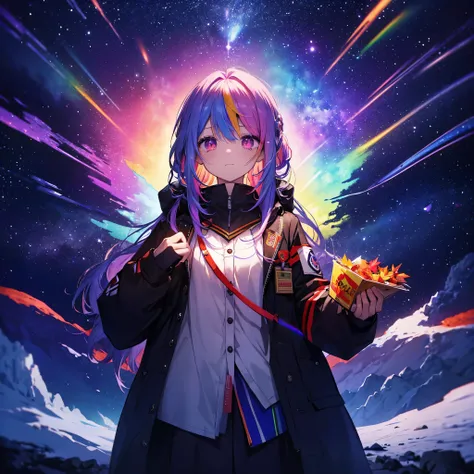 ((Fantasy　Rainbow Hair　Dye the inside of your hair rainbow colors　Long Hair　Dull red eyes　Has a galaxy　uniform　Put on a coat without putting your arms through it　Lonely　despair))　((tears　gloves))　(Broken glass　Distorted Space-Time　star)　Catch the wind　autu...