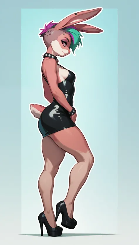 rabbit 1.0, furry bunny 2.0, Female, mini dress, high heels, side view, lecherous look, 1 Female, Near angle, short haircut,(punk 3.0)