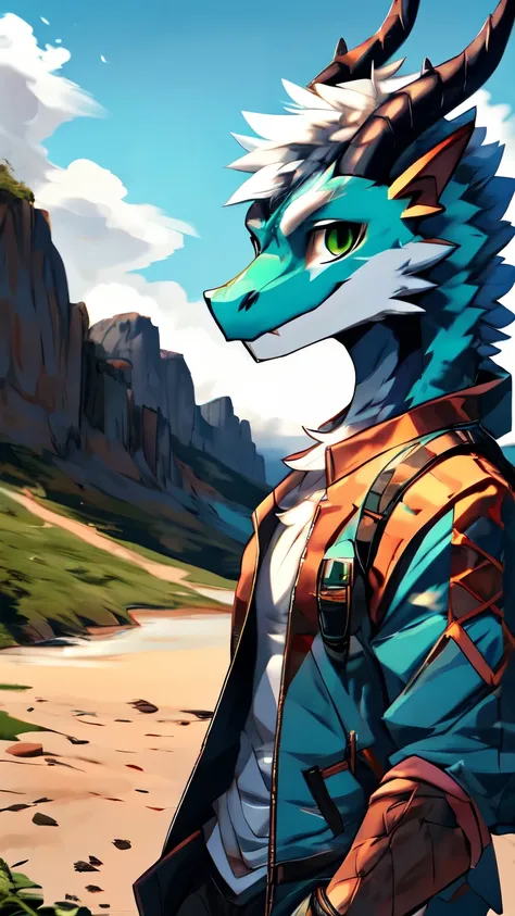 concept art, anthro dragon, Chinese dragon, eastern dragon, male, furry, superpower, blue and white skin, green eyes, valley, handsome, masterpiece, hi-res, 8k, detailed scene, niji