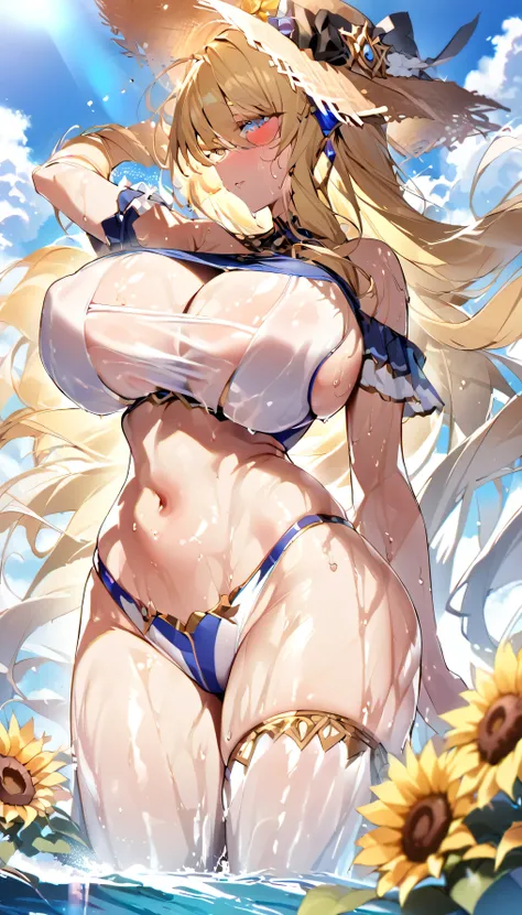 Anime illustration、alone,(Large Breasts)、(Perfect Eyes, Highest quality:1.2),,Highest quality、idol carving、Perfect Proportions,blonde、 Lower abdomen, summer、sunflower、cumulonimbus、blue sky、Sweaty woman、Straw hat、Off the shoulder、crop top, Glowing White Ski...