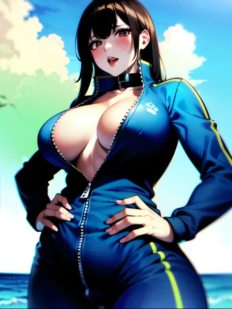 （（super high quality,Ultra-high resolution,4K,8k,super masterpiece,Ultra HD））,Sea in clear skies,Looking up from below,The blazing sun,One Girl,（（Glossy navy blue sweatsuit,Naked in a sweatsuit,（Large collar,Open collar,Tight collar）,A zipper that opens fr...