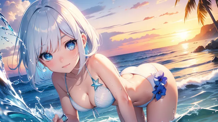 Best quality、Photorealistic、Ultra-detailed、delicate、Orderly、High Detail、Bluish Silver Short Bob、(Drooping heterochromia iris,glowing eyes、Sparkling Eyes:1.3)、smile、Slender、(One girl:1.2)、(White Bikini,Ocean, Beach, summer, sunset, Outdoor, Dynamic Angle、Du...