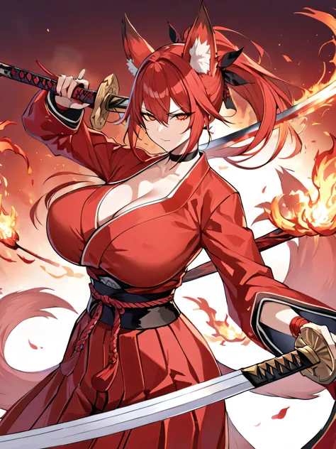  8K Best quality Best work Red long ponytail Red fox ears Nine fox tails Very large breasts Flaming Japanese sword Red jacket Long hakama Red eyeshadow on lower eyelids Red burning background Japanese style Samurai Flame hell Five fingers In battle