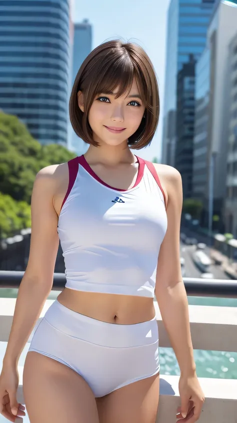 Japanese Girls、cute、Brown Hair、((Short Bob Hair、Deep blue eyes:1.2))、Shiny and smooth hair、Thick bangs、(Thoughtful smile:1.2), Very detailed顔と目,Highest quality, Ultra-high resolution,Ultra-realistic shiny skin、Very detailed, 8k, RAW Photos, Perfect Anatomy...