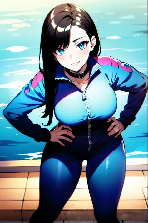 （（super high quality,Ultra-high resolution,4K,8k,super masterpiece,Ultra HD））,Poolside,Looking down from above,The blazing sun,One Girl,（（Glossy navy blue sweatsuit,Naked in a sweatsuit,（Large collar,Open collar,Tight collar）,A large zipper opening from un...