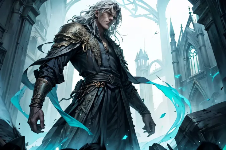 A picture of Rutrem Vulior, um elfo, mascle, with an imposing appearance. He has a tall, slender stature, with long, silver hair that falls elegantly over his shoulders. His eyes are an intense shade of green, transmitting wisdom and skill, he wears flowin...