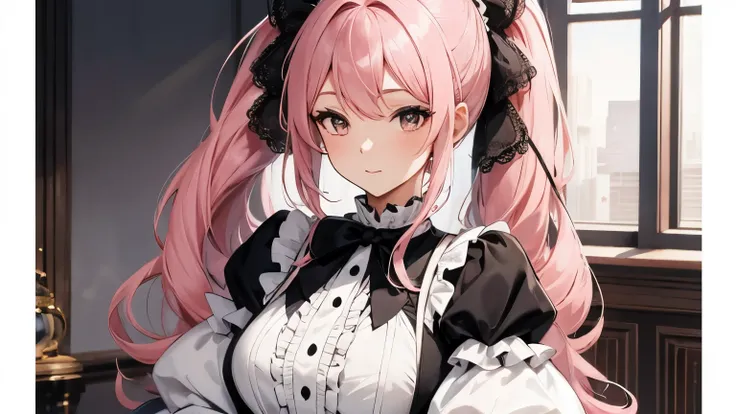 A beautiful woman wearing a black and white long puff-sleeved dress with lots of frills and lace　Pink hair ponytail with ribbon　Upper Body　lipstick