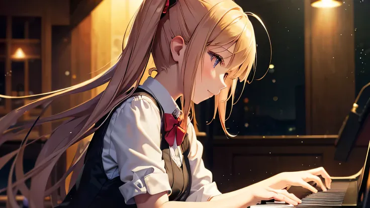 Anime girl playing piano in a bar, Particles of light, masterpiece