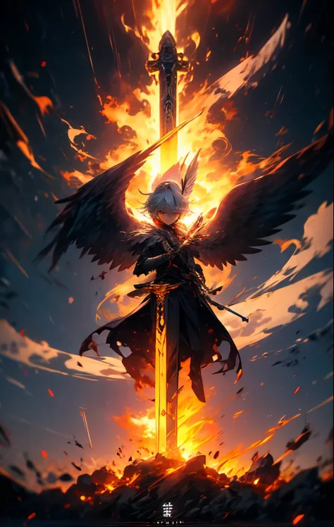 A character of an angel holding a shining great sword,god々Shii,Halo,Fine feathers,A character of an angel with a shining greatsword, bearing a smile that has lasted for eternity,Girl Angel