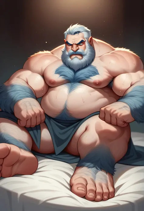 Dwarven Elder　1 person　fat　Plump　Glaring face　Blue eyes　Short　large round nose　Age Line　In the woods　　All naked　Short Hair　A very long, large, fluffy, bouncy white beard　Bouncy mustache　Long, wide beard　Frowning　Deep wrinkles on the face　naked　Less muscle ...