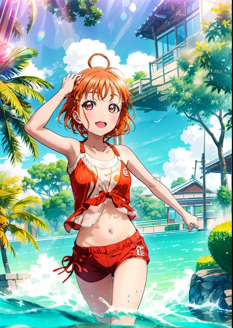 高ocean千毛,orange hair,red eyes,smile,blush,open your mouth,short hair,braid,ahoge,,red-orange bikini swimsuit,barefoot,water play...