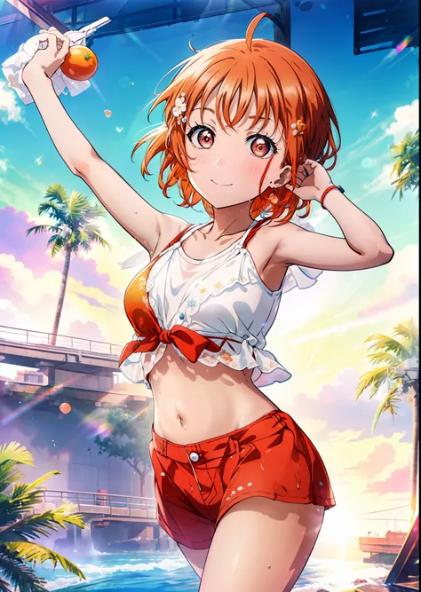 高ocean千毛,orange hair,red eyes,smile,blush,open your mouth,short hair,braid,ahoge,,red-orange bikini swimsuit,barefoot,water play...