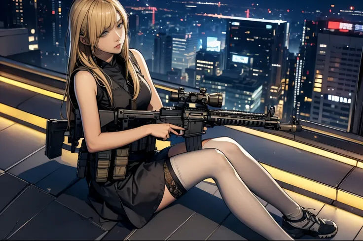 High angle shot of a blonde haired woman sitting alone on the edge of a rooftop surrounded by cityscape。She holds an AR-15 assault rifle、When that scope shines in the dim light、Her bright yellow eyes pierce the darkness。The striking contrast between her sk...