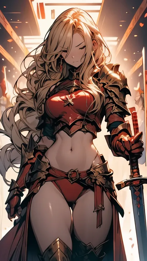 (炎の魔法sword、Shining)、Golden wavy long hair、Sleepy expression、Embarrassing、Red metallic bikini、female knight、Huge breasts、Underboob、Sideboob、Gold Armor、Absolute area、Camel toe、Belly button、NSFW、Shooting from below、sword、glamorous、Thick thighs、Wide Hips、curve