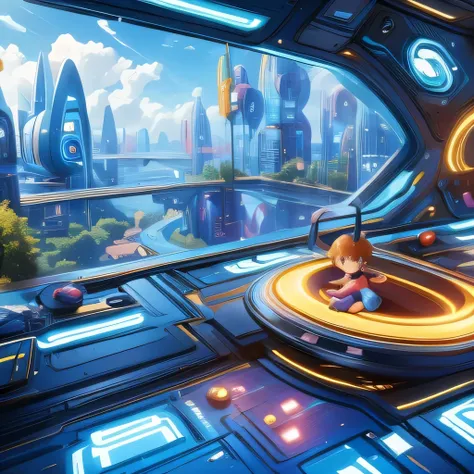 child-friendly future city design，ultra wide angle，technology，futuristic，children's style，disney style，two children playing，play...