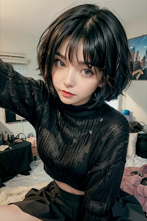 1 woman, alone, (((Close-up selfie))), black bob haircut, Wearing an oversized sweater, black skirt, in her room