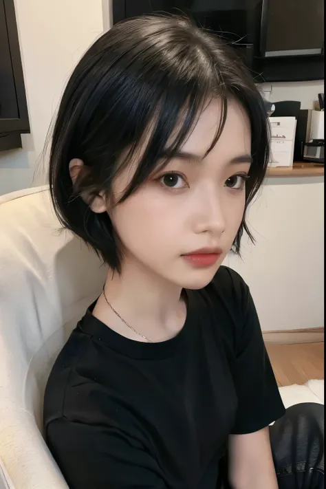 1 person, Short hair, black hair, black face mask, Red plain t-shirt, black jeans pants, fashion,