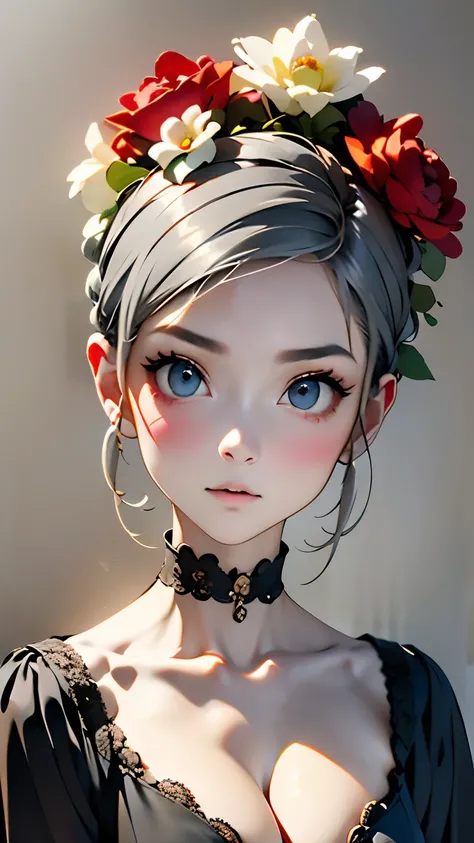 Beautiful woman、flower arrangement、Wabi-sabi art、Very detailed_face_eye、Very detailedface、Black Dress、white、gray、red、parchment、抽象的flower arrangement、Three big flowers、Surrealism art、silence、wallpaper、Highest quality、masterpiece、High resolution、８ｋ