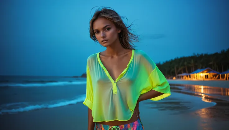 ambient lighting, (cute sporty girl, young, barely legal, tanned skin), ((oversized loose very thin silky crop blouse with plunging neckline and boxers, short, wide neckline, deep neckline, random colors)), (cozy cabana at the beach, outdoor, tropical ress...