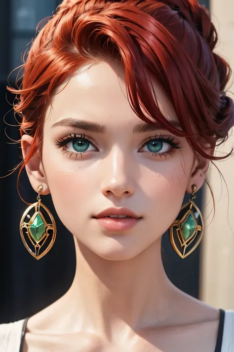 the face of a young woman, green eyes, red curls, nose piercing, ear rings, full lips, index finger in front of the lips, sexy b...