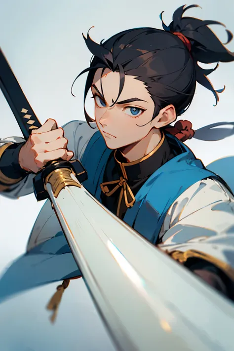 two dimensions，anime style，one person（male warrior），proportions are correct，facial details，swordsman，high ponytail hairstyle，nec...