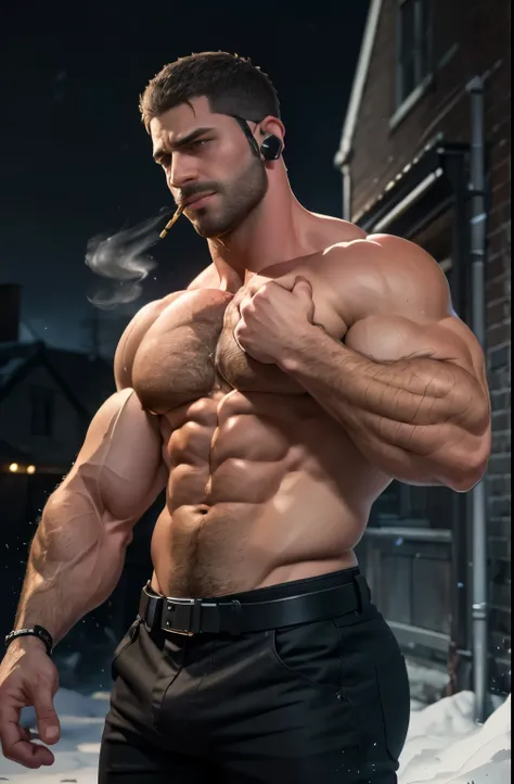 Gothic village with dark background, 《Resident Evil 8》Chris Redfield Sr, 48 years old, Muscle Man, tall and big, Biceps, Abdominal muscles, Chest, Topless, chest hair, Black pants, Big bulge, Shoulder Holster, earpiece, belt, Thick beard, Cold Face, With a...