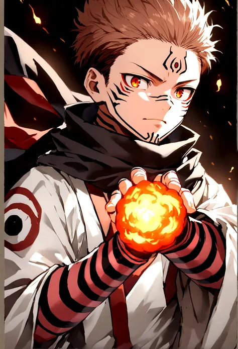 ryomen sukuna, fireball in hand, ready to fight, upper body, no background, white kimono, wide sleeves, black scarf
