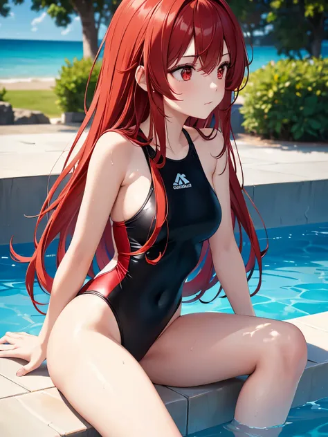 1girl,red hair,long hair,Black swimsuit, sitting on the edge of the pool, looking away, red eyes, close up photo,Ultra detail, Ultra HD, masterpiece 