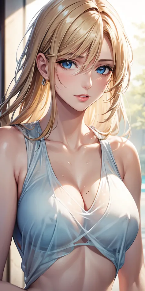 Portraiture, Elegant mature woman, blue eyes, Blonde, 4K resolution, High quality CG, Beautiful CG, Soft Light,Very small breasts,Wet, see-through clothes,See-through nipples,Sweaty body,Small areola,Mole near the mouth,The face of rutting,Drool is drippin...