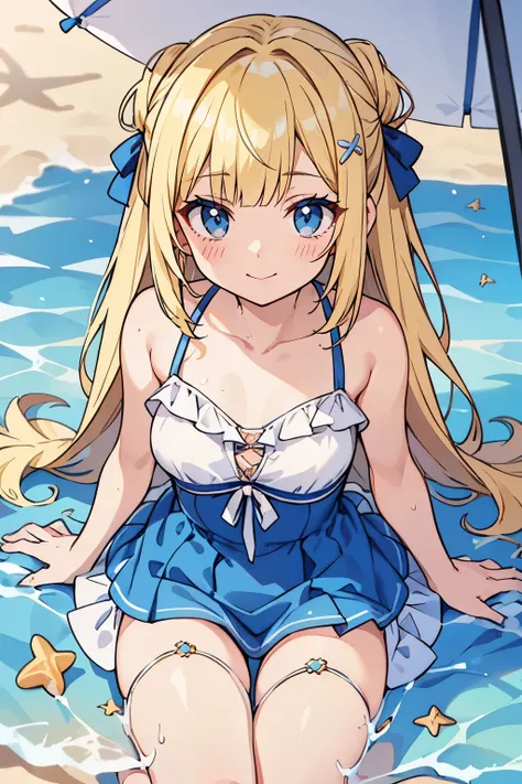 fairy_tail_style, solo, 1 girl, (young female body:1.4), (medium small breasts), golden yellow hair, extra long hair, blunt bangs, crystal blue eyes, very detailed eyes, cowboy shot, detailed eyes, beach house, sand, swimdress, white one piece bathing suit...