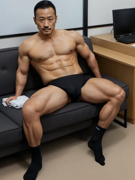 40 years old，Hidetoshi Nakata，（Kogoro Mori 1.3），whole body，Lean，muscle，office，Black socks，Suit，Feet raised，sofa，Baldhead ，transparent，Thick body hair，underwear，Topless，Densely hairy，Fortitude，HD，With a mustache