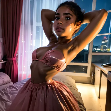 18 year old, surreal latina girl，baby face, orgasm, sweating, with freckles，hands on head, arched back, side view, hyper realisitc, very Sexy look, provocation, in laboratory, pink strapless dress, night time, magic energy