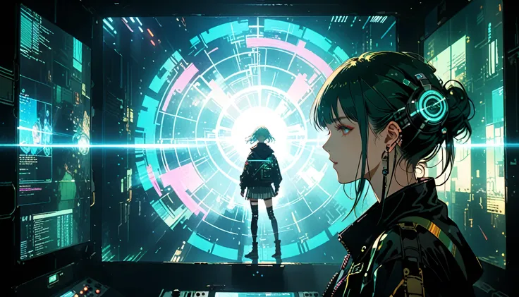 Escape to the Future,cyber punk,Female punk singer, lofi ,Run,,Harry Clarke style,(Ashley Wood Style:1.4), (Double exposure:1.4),Thrilling footage released,cyber punk ヴェイパーウェイヴ,Holographic Projection,(Pause，Dynamic Action:1.8)