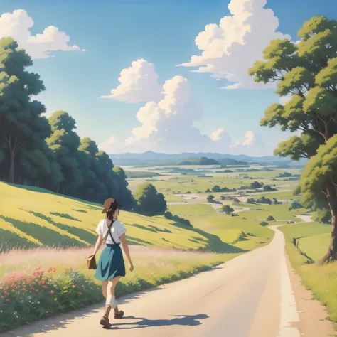 realistic, real, beautiful girl walking on the road,,beautiful and amazing landscape oil painting studio ghibli hayao miyazaki p...